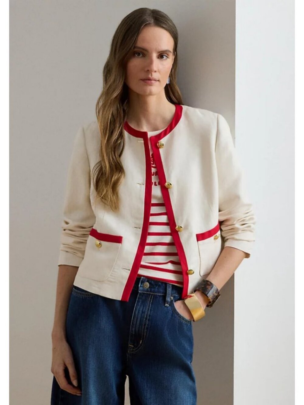 Lauren Ralph Lauren Jacket Womens 6 Cream Two Tone Linen Blazer Gold Button $295